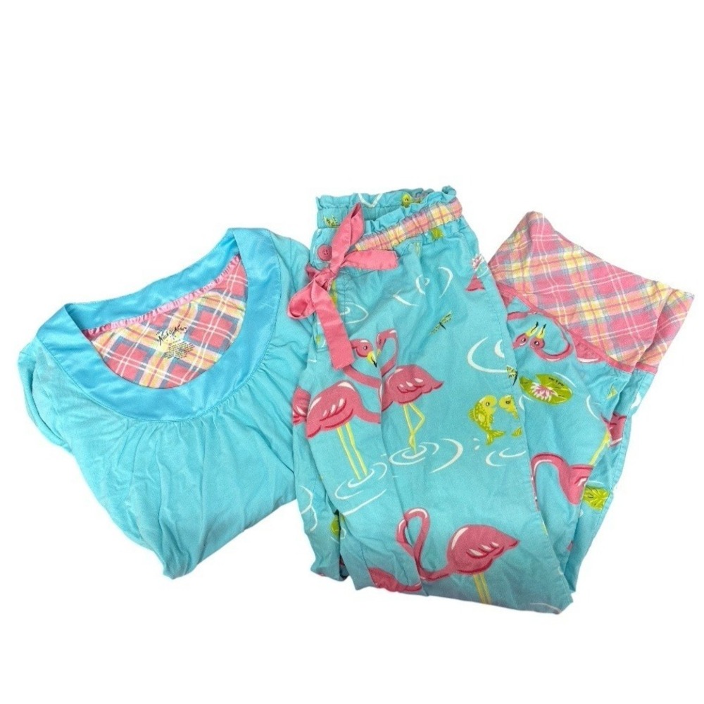 Nick & Nora Flamingo in Love Plaid 100% Cotton Pajama Set Top & Pants Sz Small